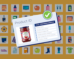 Verified by GS1 product ID card on a background of product category icons